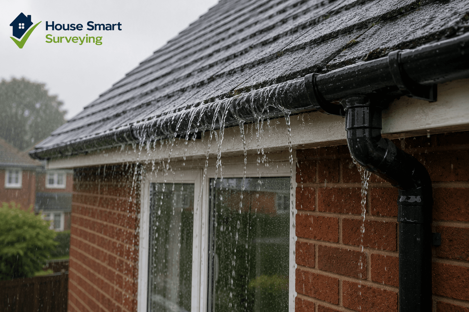 Leaky gutters and rainwater runoff on a UK property